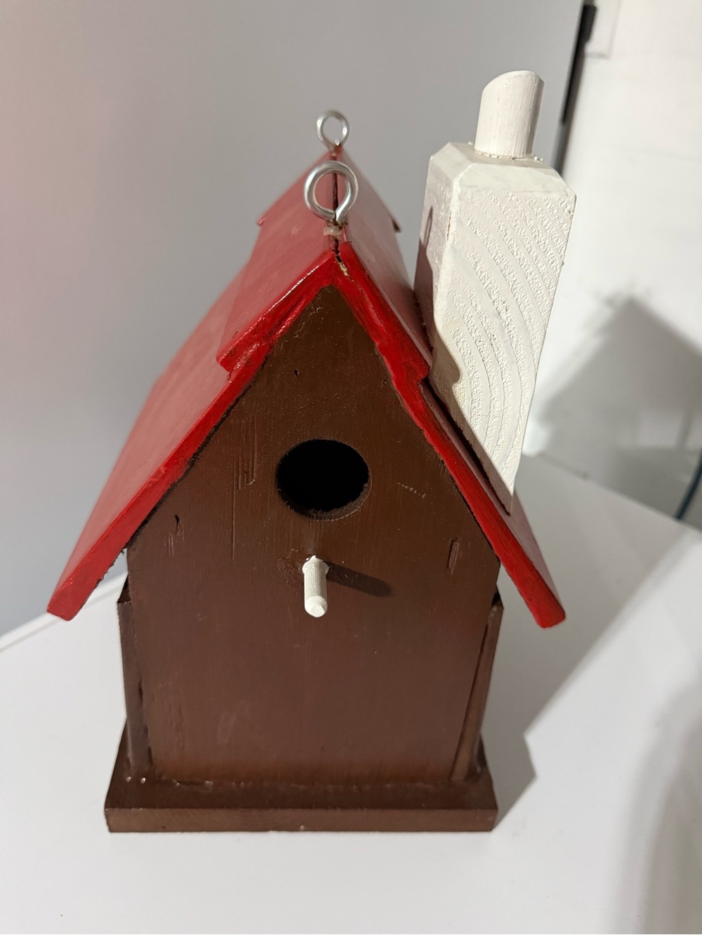Hand-Painted Wooden Birdhouse - Red Roof, Brown Body, White Chimney - Like NEW